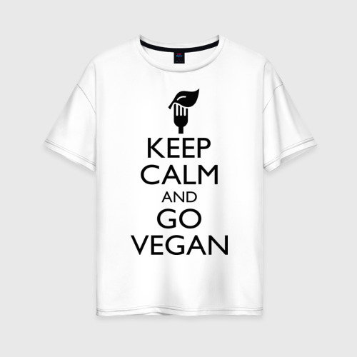 Женская футболка из хлопка оверсайз с принтом Keep calm and go vegan, вид спереди №1