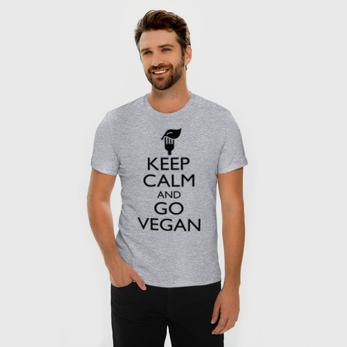 Мужская футболка хлопок Slim Keep calm and go vegan, цвет меланж - фото 3