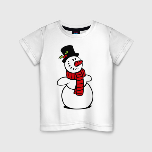 Детская футболка из хлопка с принтом Весёлый снеговик, вид спереди №1