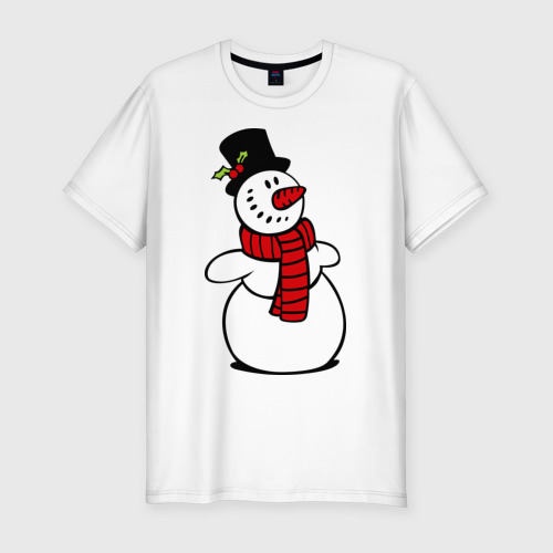 Мужская футболка приталенная из хлопка с принтом Весёлый снеговик, вид спереди №1