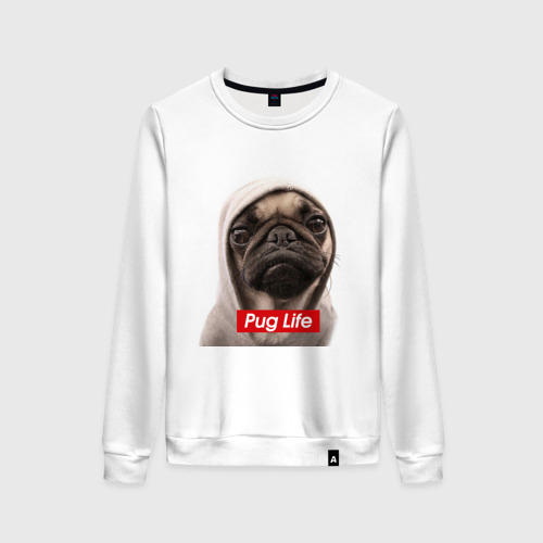 Женский свитшот хлопок Pug life, цвет белый