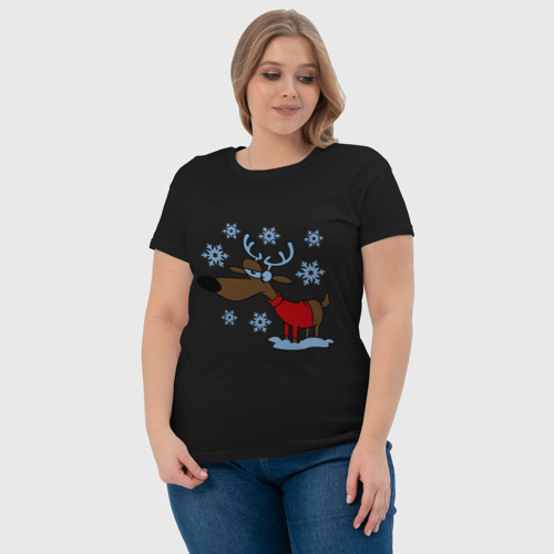 Женская футболка хлопок Олень в снегу, цвет черный - фото 6