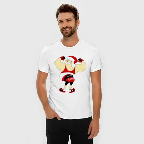 Мужская футболка хлопок Slim Санта бодибилдер, цвет белый - фото 3