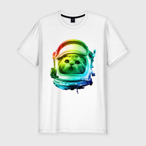 Мужская приталенная футболка из хлопка с принтом Кот космонавт, вид спереди №1
