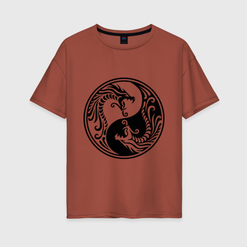 Женская футболка хлопок Oversize Два дракона Инь Янь, цвет кирпичный