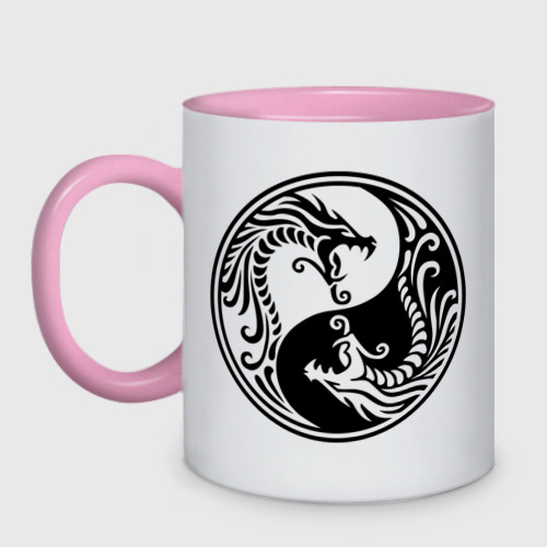 Кружка двухцветная Два дракона Инь Янь, цвет белый + розовый