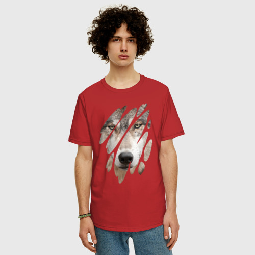 Мужская футболка хлопок Oversize Волк - моё второе Я, цвет красный - фото 3