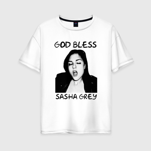 Женская футболка оверсайз из хлопка с принтом Саша Грей, вид спереди №1