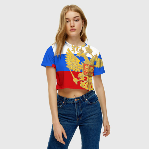 Женская футболка Crop-top 3D Флаг и герб РФ, цвет 3D печать - фото 3