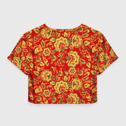 Топик (короткая футболка или блузка, не доходящая до середины живота) с принтом Хохлома для женщины, вид сзади №1. Цвет основы: белый