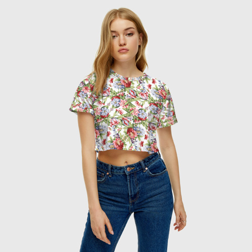 Женская футболка Crop-top 3D Цветы, цвет 3D печать - фото 3