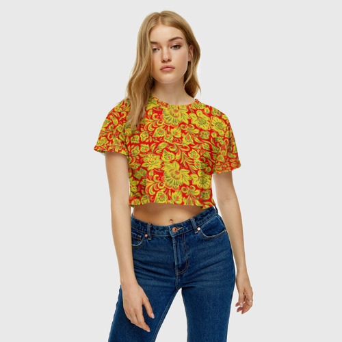 Женская футболка Crop-top 3D Хохлома, цвет 3D печать - фото 3