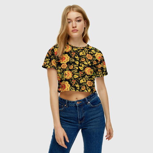 Женская футболка Crop-top 3D Хохлома, цвет 3D печать - фото 3