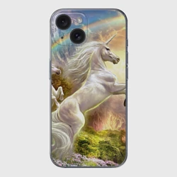 Чехол для iPhone 15 силиконовый с защитой камеры Единороги