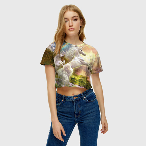 Женская футболка Crop-top 3D Единороги, цвет 3D печать - фото 3