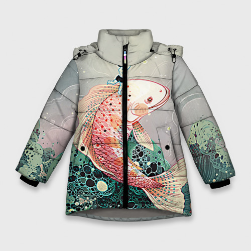 Зимняя куртка для девочек 3D Рыба, цвет светло-серый