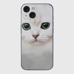 Чехол для iPhone 15 силиконовый с защитой камеры Белый котик