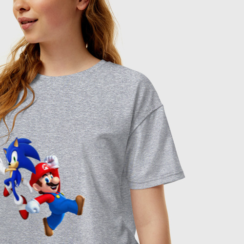 Женская футболка хлопок Oversize Sonic and Mario, цвет меланж - фото 3