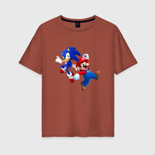 Женская футболка хлопок Oversize Sonic and Mario, цвет кирпичный