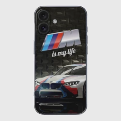 Чехол для iPhone 16 силиконовый с защитой камеры BMW