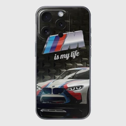 Чехол для iPhone 15 Pro Max силиконовый с защитой камеры BMW