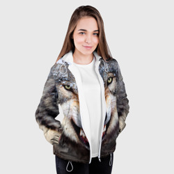 Куртка с принтом Волк для женщины, вид на модели спереди №3. Цвет основы: белый