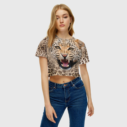 Женская футболка Crop-top 3D Леопард, цвет 3D печать - фото 3