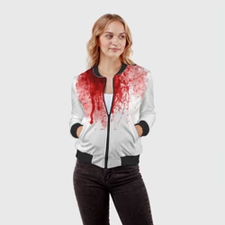 Женский бомбер 3D Кровь: брызки, капли стекает пятнами текстура на белом - фото 2
