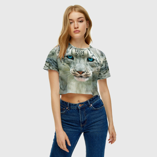 Женская футболка Crop-top 3D Снежный барс, цвет 3D печать - фото 3