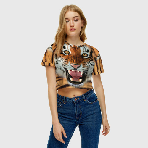 Женская футболка Crop-top 3D Тигр, цвет 3D печать - фото 3