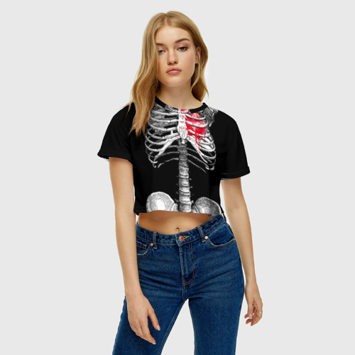 Женская футболка Crop-top 3D Скелет с сердцем, цвет 3D печать - фото 4