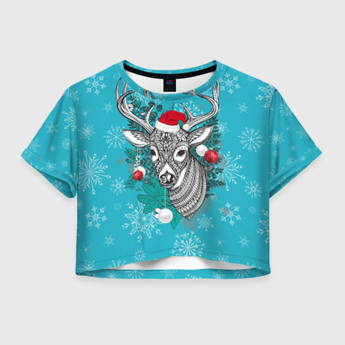 Женская футболка Crop-top 3D Новогодний олень, цвет 3D печать