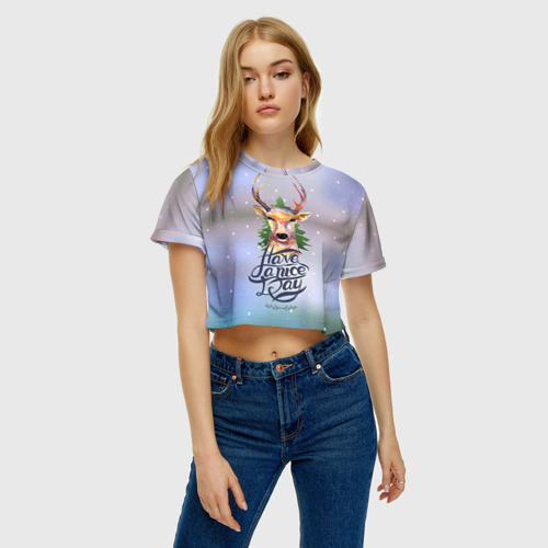 Женская футболка Crop-top 3D Новогодний олень, цвет 3D печать - фото 3