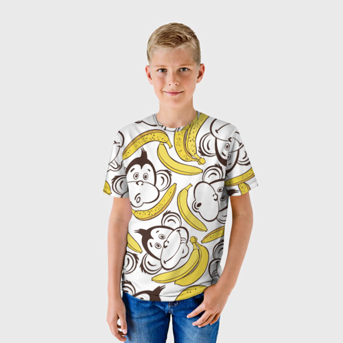 Детская футболка 3D с принтом Обезьянки и бананы, фото на моделе #1