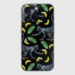 Чехол для iPhone 15 Pro Max силиконовый с защитой камеры Обезьянки и бананы