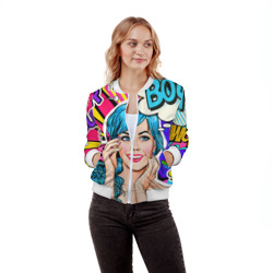 Бомбер с принтом Pop art для женщины, вид на модели спереди №2. Цвет основы: белый