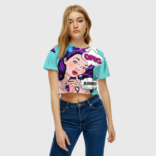 Женская футболка Crop-top 3D Pop-art bang girl, цвет 3D печать - фото 3