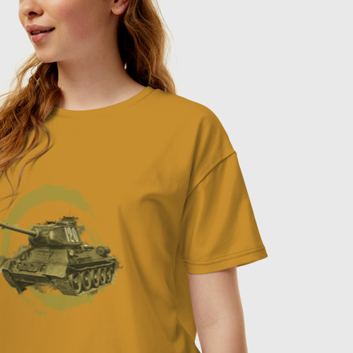 Женская футболка хлопок Oversize Танк Т-34, цвет горчичный - фото 3