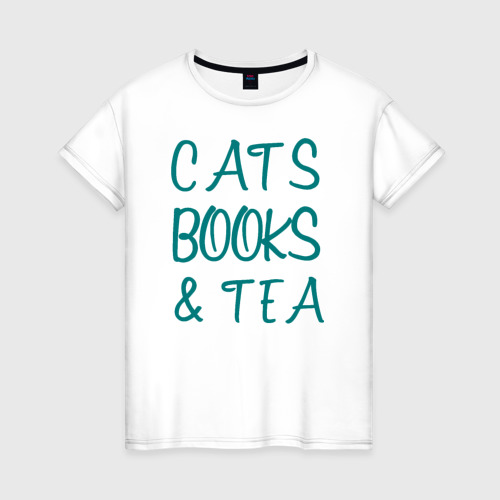 Женская футболка хлопок CATS, BOOKS & TEA, цвет белый