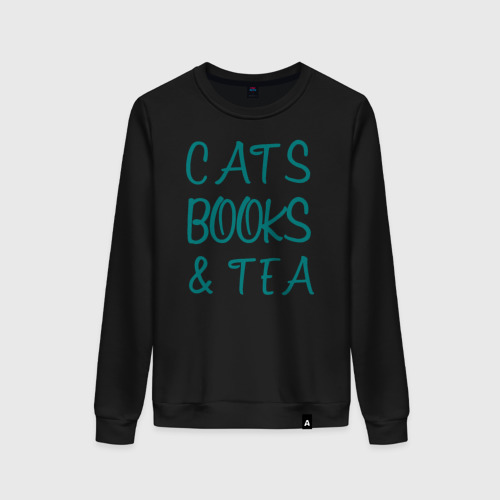 Женский свитшот хлопок CATS, BOOKS & TEA, цвет черный