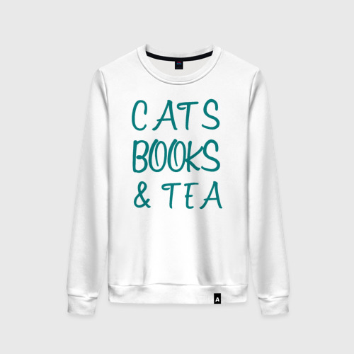 Женский свитшот хлопок CATS, BOOKS & TEA, цвет белый