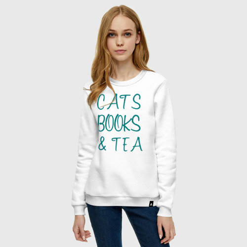 Женский свитшот хлопок CATS, BOOKS & TEA, цвет белый - фото 3