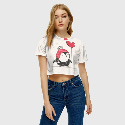 Женская футболка Crop-top 3D Пингвин с шариком