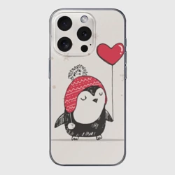 Чехол для iPhone 15 Pro Max силиконовый с защитой камеры Пингвин с шариком