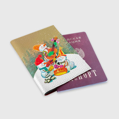 Обложка для паспорта матовая кожа Снеговики, цвет красный - фото 3