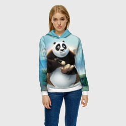 Толстовка с принтом Кунг фу панда для женщины, вид на модели спереди №2. Цвет основы: белый