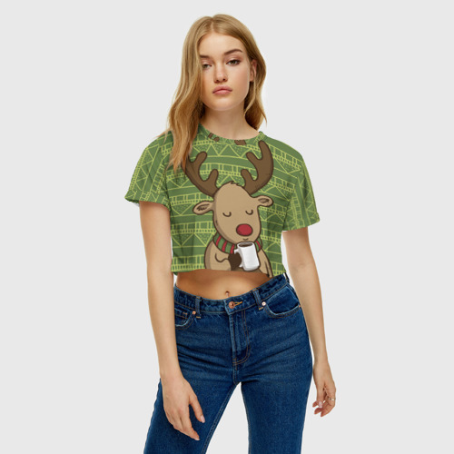 Женская футболка Crop-top 3D Олень с кружкой, цвет 3D печать - фото 3