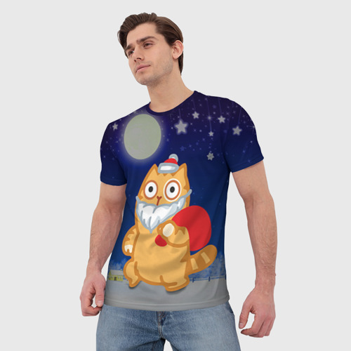 Мужская футболка 3D Новогодний кот, цвет 3D печать - фото 3