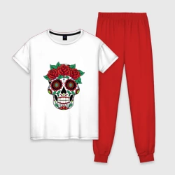 Женская пижама с белой футболкой хлопок Мексиканский череп для нее