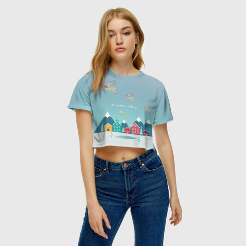 Женская футболка Crop-top 3D Новогодний городок, цвет 3D печать - фото 3